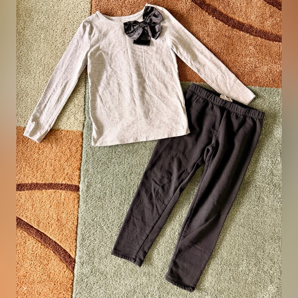 H&M Light Gray Girls Top & Black Leggings Set with Bow Detail